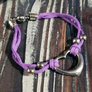 Handcrafted Antique Silver Purple Vegan Suede Open Heart Magnetic Clasp Bracelet